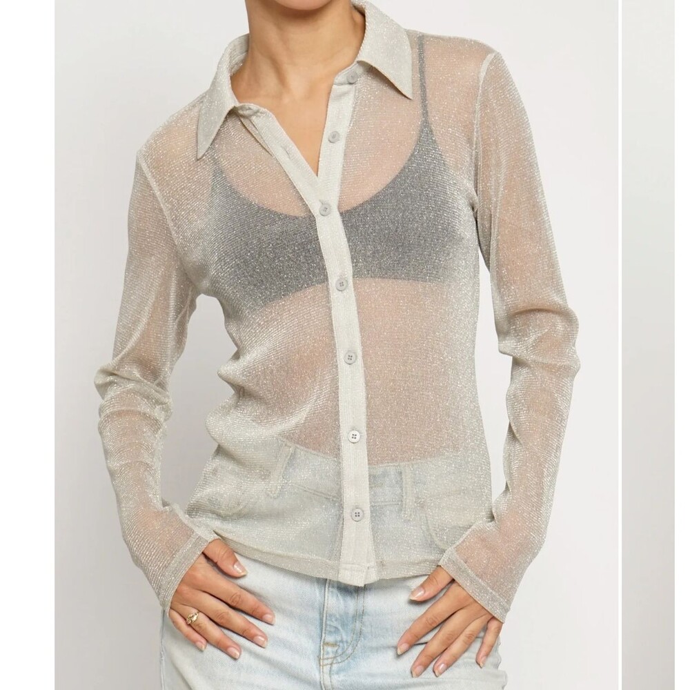 NWT SANS SOUCI - Sz. S METALLIC SHEER KNIT BUTTON DOWN SHIRT Silver